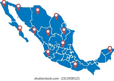 Mexico map template vector infographic with regions and pointer signs