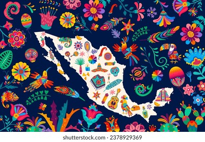 Mexico map with tropical flowers, animals and birds, pinata and plants, vector background. Mexican travel landmarks, holiday culture, cuisine food and traditional art items on Mexico map ornaments