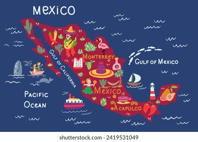 Mexico map vector, American country geographic horizontal banner template, colorful illustration adventure, decorative travel card, Spanish concept design attraction for design touristic poster