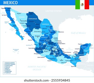 Mexico Map Vector Blue Spot - Customizable layered political map of Mexico with administrative divisions for website, education, reports, news, politics, print, poster and wallpaper