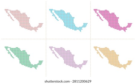 Mexico map vector illustration collection showcasing six distinct country outlines crafted from diverse geometric patterns and vibrant color palettes isolated on white background for creative design.
