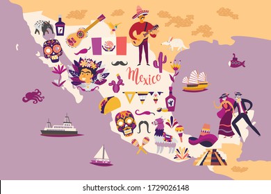 Mexico map vector illustration. Mexican background. Travel abstract map. Wall art, poster for children's room. Hand draw colorful illustration background cartoon style