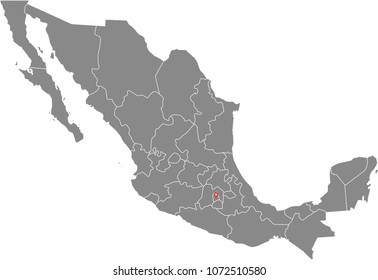 Mexico map vector outline illustration with provinces or states borders and capital location, Mexico City, in gray background. Highly detailed accurate map of Mexico prepared by a map expert.