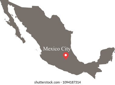 Mexico map vector outline illustration with capital location and name, Mexico City, in gray background. The borders of provinces or states are not included on this map for aesthetic appeal.