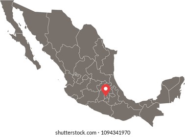 Mexico map vector outline illustration with provinces or states borders and capital location, Mexico City, in gray background. Highly detailed accurate map of Mexico