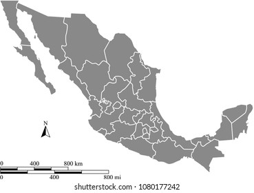 Mexico map vector outline with scales of miles and kilometers and borders of provinces in gray background. Mexican map with mileage and kilometer scales 