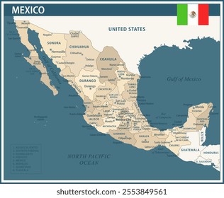 Mexico Map Vector Vintage Dark Blue Beige - Customizable layered political map of Mexico with administrative divisions for website, education, reports, news, politics, print, poster and wallpaper