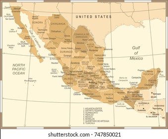 Mexico Map - Vintage Detailed Vector Illustration