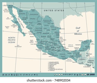 Mexico Map - Vintage Detailed Vector Illustration