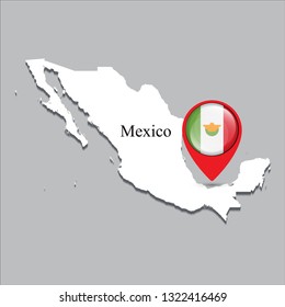 Mexico map with white shadow and country name on the map. Check-in point with a national flag on a gray background.