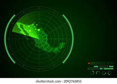 Mapa de México - Mapa Mundial Plantilla vectorial internacional con el estilo de radar de círculo futurista HUD, GUI, interfaz de interfaz de usuario aislada en fondo verde oscuro - Ilustración vectorial eps 10