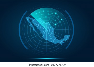 Mapa de México - Mapa Mundial Plantilla vectorial Internacional con el estilo de radar de círculo futurista HUD, GUI, interfaz de interfaz de usuario aislada en fondo azul para diseño, infografía - Ilustración vectorial eps 10