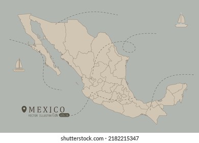 Mapa de México - Mapa mundial Mapa internacional de vectores Alto detalle con color marrón aislado en fondo gris incluyendo punto de ubicación simple, viento, icono de barco - Ilustración vectorial eps 10