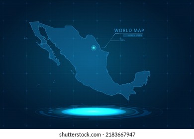 Mapa de México - Mapa Mundial Plantilla vectorial Internacional con Holograma en estilo de perspectiva y HUD, GUI, interfaz de interfaz de usuario aislada en fondo azul para el diseño - Ilustración vectorial eps 10