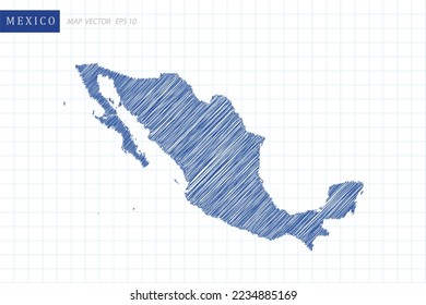 Mexico Map - World Map International vector template with blue outline graphic and pen drawing sketch style isolated on white grid background for design, website - Vector illustration eps 10