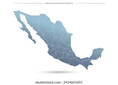 Mapa de México - Mapa Mundial Plantilla vectorial internacional con Alto detalle incluyendo el color de gradiente gris y azul y el color de contorno blanco aislado en fondo blanco - Ilustración vectorial eps 10