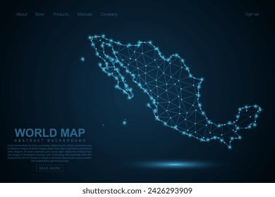 Mapa de México - Mapa del Mundo línea de masa y escalas de puntos sobre fondo azul de la tecnología. Línea de red poligonal de malla 3D de marco de alambre, esfera de diseño, punto y estructura - Ilustración vectorial eps 10