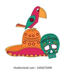 Mexico mariachi hat with bird and skull celebrations cartoons vector illustration graphic design