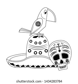 Mexico mariachi hat with bird and skull celebrations cartoons vector illustration graphic design