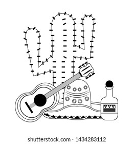 Mexico mariachi hat cactus and guitar with tequila celebrations cartoons vector illustration graphic design