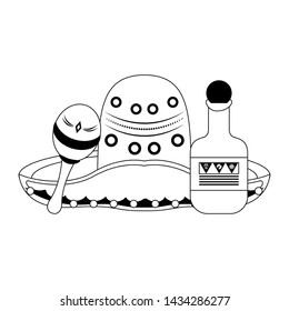 Mexico mariachi hat and maraca with tequila bottle celebrations cartoons vector illustration graphic design