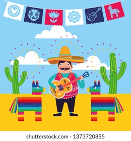 Mexico mariachi playing guitar with pinata at desert cartoons card vector digital image illustration