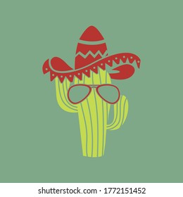 Mexico mascot icon. Cool cactus in hat and glasses cartoon vector illustration
