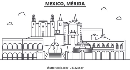 Mexico, Merida architecture line skyline illustration. Linear vector cityscape with famous landmarks, city sights, design icons. Editable strokes