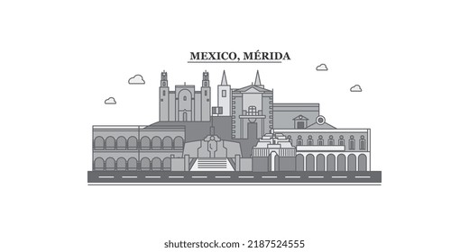 Mexico, Merida city skyline isolated vector illustration, icons