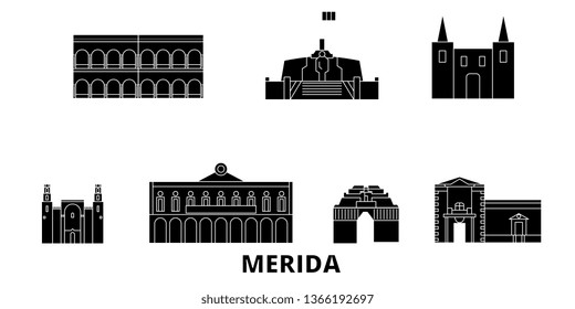 Mexico, Merida flat travel skyline set. Mexico, Merida black city vector illustration, symbol, travel sights, landmarks.