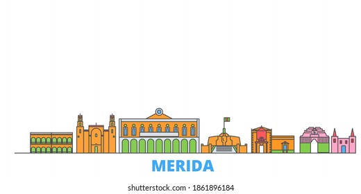 Mexico, Merida line cityscape, flat vector. Travel city landmark, oultine illustration, line world icons