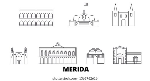 Mexico, Merida line travel skyline set. Mexico, Merida outline city vector illustration, symbol, travel sights, landmarks.