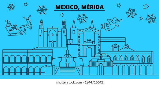 Mexico, Merida winter holidays skyline. Merry Christmas, Happy New Year decorated banner with Santa Claus.Mexico, Merida linear christmas city vector flat illustration