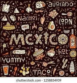 Mexico. Mexican food illustration. Rectangular doodle concept