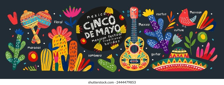 Mexico and the Mexican holiday Cinco de Mayo. Vector abstract illustrations of guitar, maracas, sombrero hat, ornament, Mexican pattern, cactus for banner, greeting card or poster