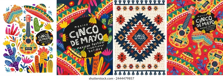 Mexico and the Mexican holiday Cinco de Mayo. Vector abstract illustrations of guitar, maracas, sombrero hat, ornament, Mexican pattern, cactus for background, greeting card or poster