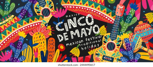 Mexico and the Mexican holiday Cinco de Mayo. Vector abstract illustrations of guitar, maracas, sombrero hat, ornament, Mexican pattern, cactus for banner, greeting card or poster