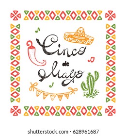 Mexico. Mexican holiday. Cinco de Mayo Vector Greeting Card with Hand drawn doodle Sombrero, Cactus, Maracas, Pepper Chili, Bunting Flags.