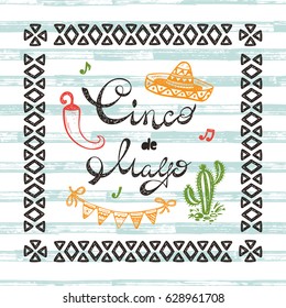 Mexico. Mexican holiday. Cinco de Mayo Vector Greeting Card with Hand drawn doodle Sombrero, Cactus, Maracas, Pepper Chili, Bunting Flags.