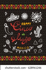 Mexico. Mexican holiday. Happy Cinco de Mayo Vector Greeting Card with Hand drawn doodle Sombrero, Cactus, Maracas, Sun, Pepper Chili, Nachos, Firework, Bunting Flags.