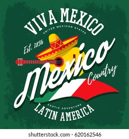 Mexico or mexican sign with sombrero hat and banjo or guitar, flag as sign for latin america country. Cloth branding or t-shirt print tourism or travel advertising or ads, viva mexico theme