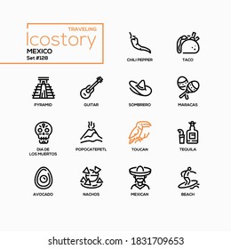 Mexico - modern line design style icons set. Mexican cuisine and landmarks. Chili pepper, taco, pyramid, guitar, sombrero, maracas, Dia de los Muertos, Popocatepetl, toucan, tequila, avocado, nachos