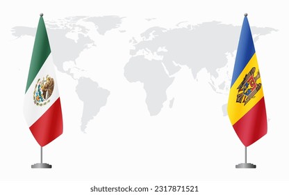 Mexico and Moldova flags for official meeting against background of world map.