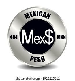 Mexico money icon isolated on round silver coin. Vector sign of currency symbol with international ISO code and abbreviation