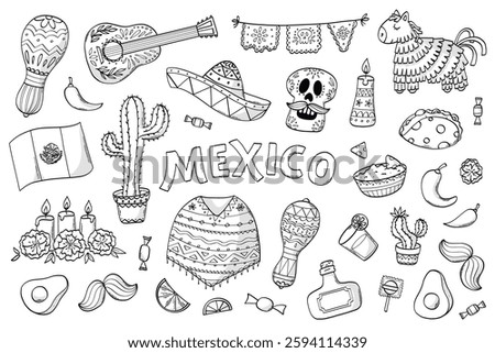 Mexico monochrome doodles, cartoon elements collection, clipart for prints, stickers, social media decor,  wallpaper, etc. Cinco de Mayo, day of the dead theme. EPS 10