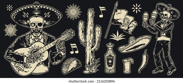 Mexico monochrome vintage elements set with mariachi skeletons playing musical instruments, cactus, national flag, sombrero, tequila drink, street food and suns, vector illustration