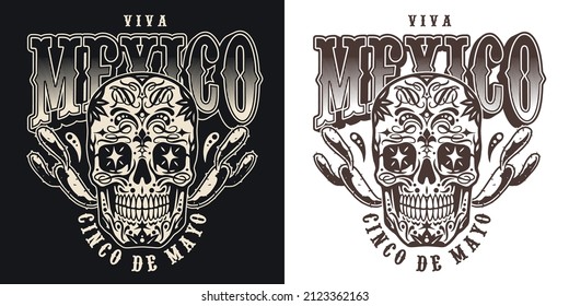 Mexico monochrome vintage label with painted calavera with stars instead of eyes and cactuses, vector illustration