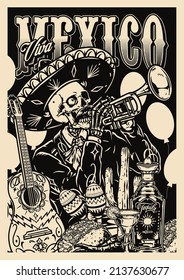 Mexico monochrome vintage poster with Mexican skeleton musician with one eye and mustache wearing sombrero playing trumpet against background with balloons, vector illustration