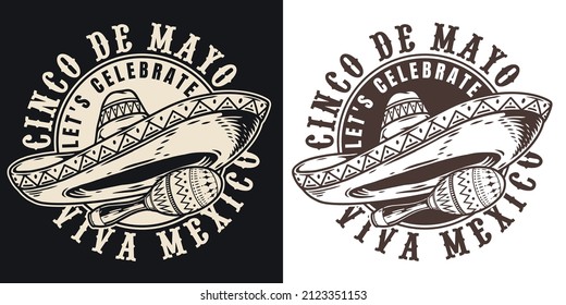 Mexico monochrome vintage round label with sombrero hat with decorative ornaments and maraca, vector illustration