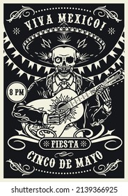 Mexico monochrome vintage vertical poster with inscription, one-eyed skeleton mariachi musician in sombrero and charro outfit playing guitar, vector illustration